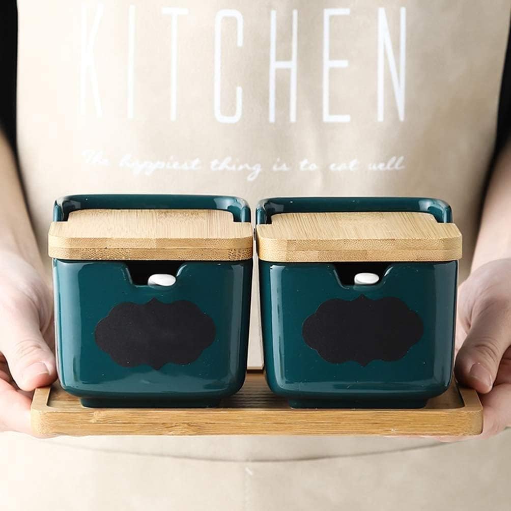 Square Condiment Container with Spoon Tray Ceramic Seasoning Box Salt Jars Sugar Condiment Pots-A