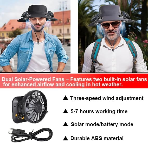 Outdoor Wide Brim Sun Hat with 2 Solar Fan Sun Bucket Hat for Men Women UPF 50+ Bucket Fishing & Beach Hat with Fan Built in - Image 3