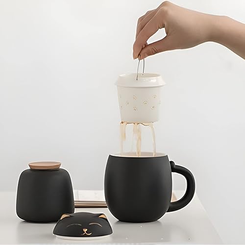 Miniatura 6 de DUANMUL Taza de café de cerámica con infusor y tapa, filtro para remojar hojas sueltas, posavasos kawaii, taza de té novedosa para la mañana, taza