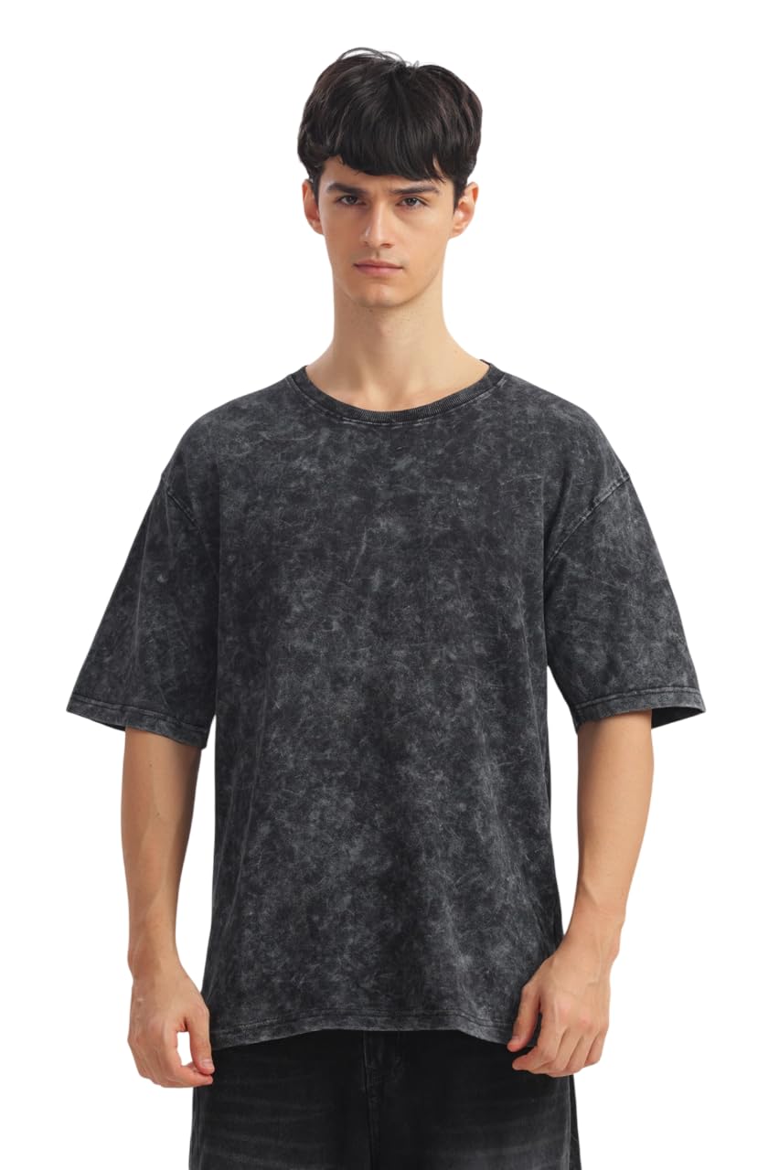 KOSHN Men's Premium Acid Wash Oversized T-Shirt Black - Image 1
