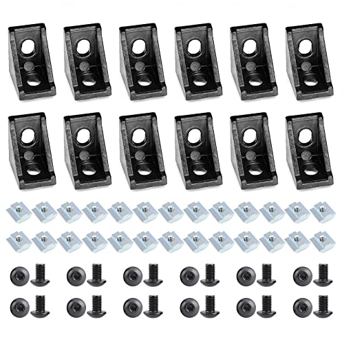 12Pcs Black L Corner Brackets,2020 Aluminum Extrusion Profile Angle Corner Brackets,Box-Packed 12Pcs Corner Bracket,24Pcs T-Slot Nuts,24Pcs Screw for 6mm T-Slot Aluminum Profile Frame