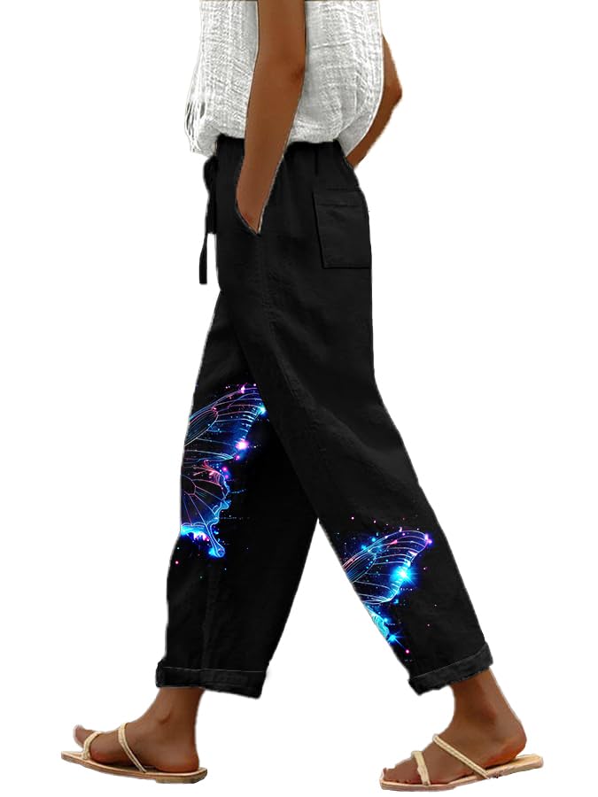 Pants for Women Wide Leg Trousers Linen Elastic Waist Plus Size Casual Graphic Trousers with Pockets