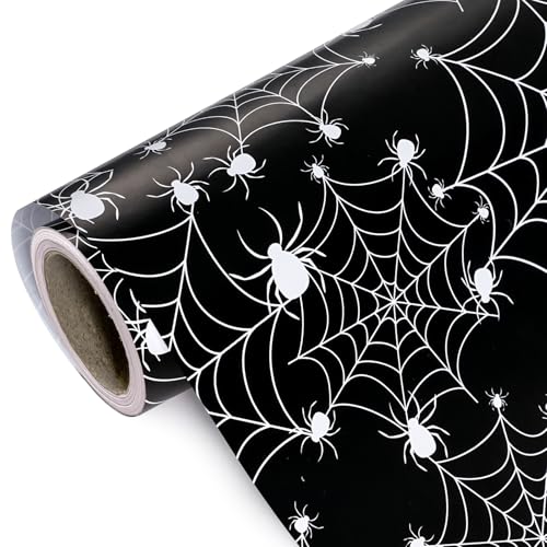 WRAPAHOLIC Halloween Wrapping Paper - Mini Roll - 17 Inch x 16.5 Feet - Black White Spider Web and Spider Wrapping Paper for Halloween Deco, Holiday, Party