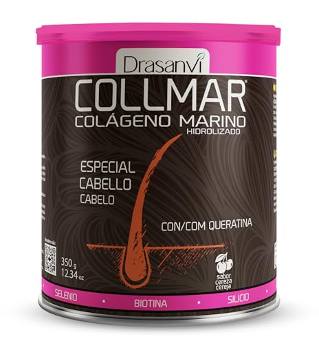 Drasanvi COLLMAR Colágeno Marino Hidrolizado + Biotina, Queratina, Selenio, Zinc y Extracto de Bambú | Cabellos Débiles y Finos| | Alta Dosis 5.000 mg/día | 350g de Polvo = 35 Días | Sabor Cereza