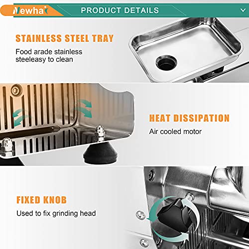 Newhai Heavy Duty Meat Grinder Commercial Meat Grinding Machine Electric Meat Chopper Mincer With 4/6/8Mm Grinding Plates & Stuffing Tubes Stainless Steel 110V Us #TOP4