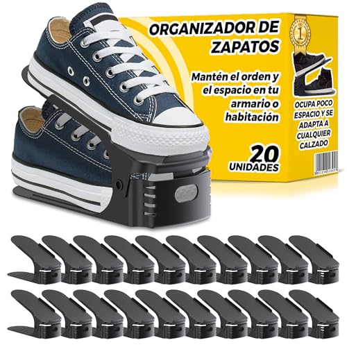 Organizadores de Zapatos Ajustable Negro , Soporte de Zapato de Altura Apilable , Organizador para Armario , Zapatera Simple , Organizador Calzado Estrecho , Ahorro de Espacio Plegable   20 Piezas