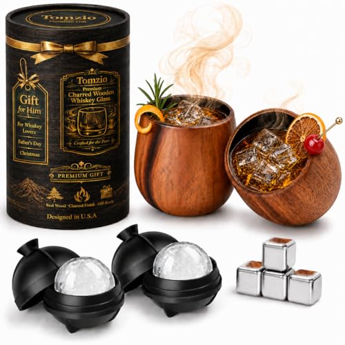 Tomzio Charred Wooden Bourbon Drinking Glass 11oz Set of 2, Premium Acacia Wood Old Fashioned Cup, Low Condensation Whiskey glasses, Perfect Gifts For Boyfriend or Dad, Father’s Day Ideas