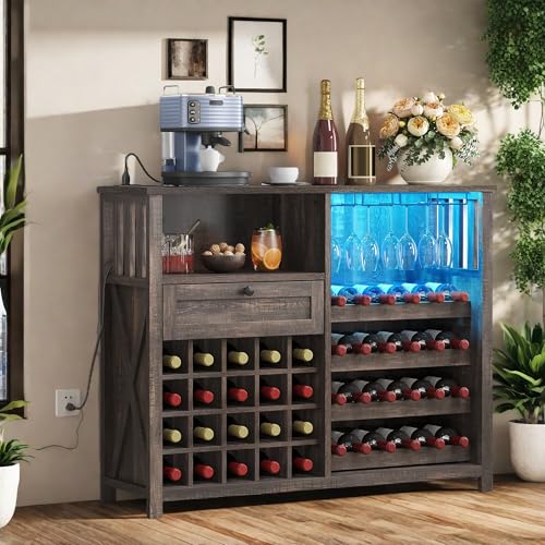 YITAHOME Wine Bar Cabinet with Led Light Power Outlet, Home Coffee Cabinet with Wine and Glass Rack, Kitchen Buffet Sideboard with Storage Shelves, Freestanding Liquor Cabinet for Dining Roo