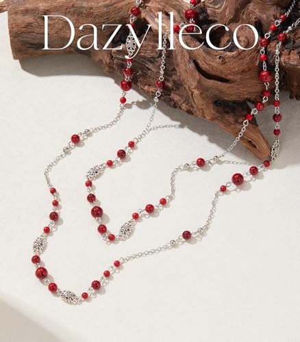 Dazylleco Silber Lange Perlenkette Damen Halskette Statement Lang Doppelsträngige Modeschmuck Muttertagsgeschenk für Mama(Red Crackle)