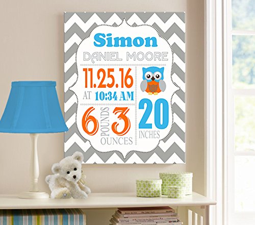 Personalized Stretched Canvas Birth Announcement Gift, Custom Baby Name, Date, Weight Stats, Newborn Nursery Owl Wall Art Decor, Wooden Frame Construction, Ready to Hang 16X20