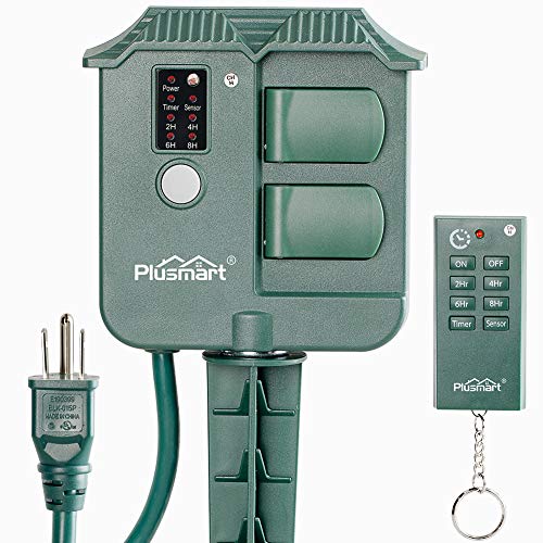 Plusmart Outdoor Power Stake Timer, Wireless Remote Control, Photocell Light Sensor, 6ft Extension