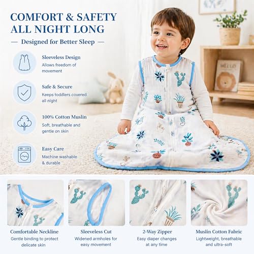 Image of Toddler Sleeping Sack Muslin 2-3T Lightweight 0.5 Tog Summer Large Wearable Blanket Thin Cotton Baby Sleeping Bag 24-36 Months Extra Long Soft Breathable Kids Sleeveless Sleeper