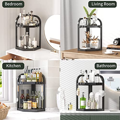 Coorack Spice Rack Organizer With Hooks, 2 Tier Bathroom Organizer Countertop, Kitchen Corner Seasoning Organizer Shelf, Countertop Standing Storage Rack For Bathroom, Kitchen, Bedroom (Small) Black #TOP5