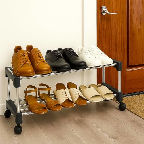 HOMIFLY Shoe Rack/Silper Stand/Stainless Steel Shoe Stand with Wheel/Movable Shoe Rack for Home/Multi-Purpose Footwear Rack/Books/Newspaper/Plants – 2 Tier (Silver and Black)
