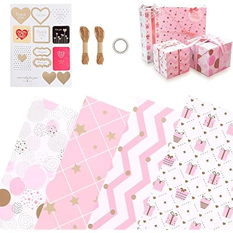 Birthday Gift Wrapping Paper,4 Sheets Pink Wrapping Paper with Jute Strings,Stickers and Double-Side Tape,Birthday Gift for Girl Friends,Loved,Valentines Day Gift,Wedding Gift(50x70cm) Cover