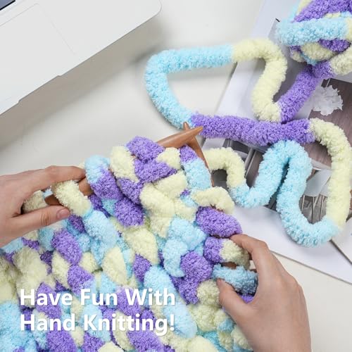 Image of Cozyful Chunky Yarn for Hand Knitting - #10 Chunky Chenille Blanket Yarn, Jumbo Big Thick Chunky Yarns for Crocheting, Tie Dye Bulky Knit Yarns, 8 Skein (20 yds 8 oz Each Skein), Purple&Yellow&Blue