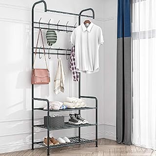 LENTIA Entryway Coat Rack Hall Tree Shoe Bench 3 in 1 Design Metal
