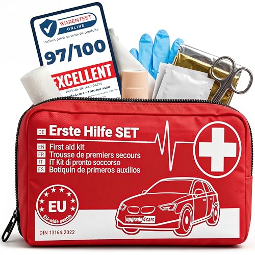 Upgrade4cars Trousse de Secours Auto 2026 DIN 13164 Kit Valable dans Toute l'Europe | Sac de Pansements également pour la Maison & en Déplacement