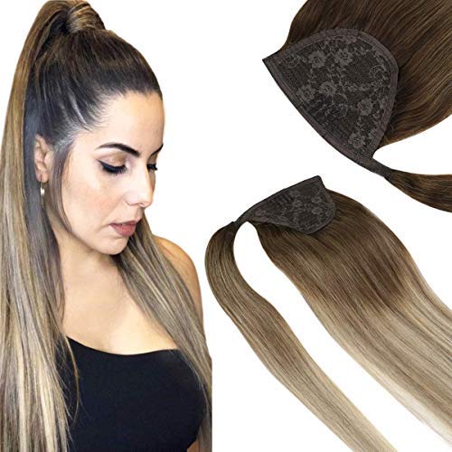 VeSunny Clip in Ponytail Hair Extensions Drak Brown Fading to Dark Golden Blonde Mixed Platinum Blonde Wrap Around Ponytail Hair Extensions Human Hair 24inch 80g
