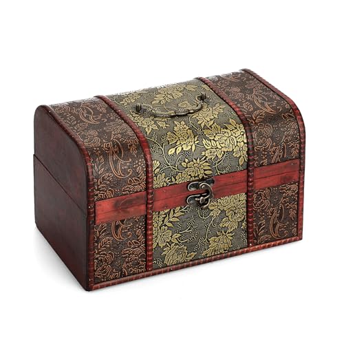 OLegei Coffret au trésor en bois - Malle au trésor avec fermeture métallique vintage - Boîte de rangement coffret à bijoux - Cadeau pour mariage, Noël et...
