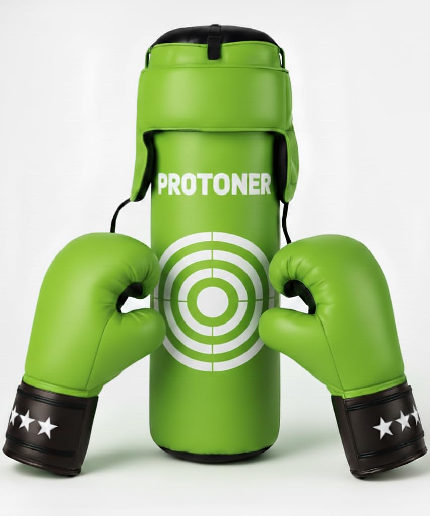 Protoner Kids Punching Bag Set with Gloves and Head Gear Complete Boxing Training Kit for Children (Green)