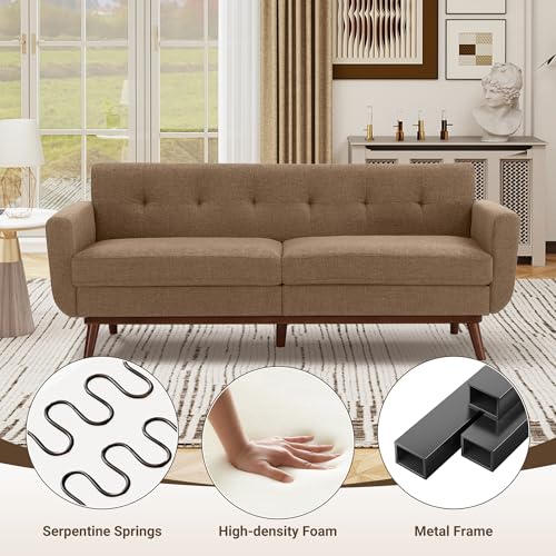Kingfun 77.2" W Loveseat Sofa, Mid Century Modern Decor Love Seat Couches for Living Room, Button Tufted Upholstered Furniture, Solid & Easy to Install Small Couch for Bedroom, Office Apartment, Brown — view 6