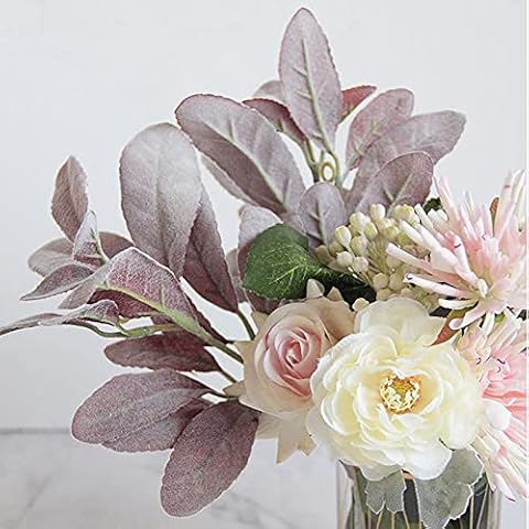 6 Pcs Artificial Flocked Rabbit Ear Spray Leaf Stems,15 Inch Faux Lambs Ear Stems Foliage,Fake Greenery Branch For Floral Arrangement DIY Craft Home Vase,Red Cover