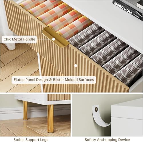 Image of IDEALHOUSE Natural Dresser, Modern 6 Drawer Dresser for Bedroom with Gold Handle and Large Drawer, Wood Double Chest of Drawers and Storage Organizer for Living Room, Hallway, Entryway