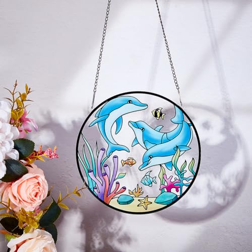 PLIGREAT Suncatchers Sea Fish Dolphin Acrylic Stained Glass Sun Catcher Summer Patio Garden Hanging Tree Ornaments for Bedroom Living Room Window Decoration Wall Art Decor Housewarming Memorial Gifts - Image 2