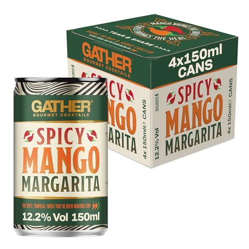 GATHER Spicy Mango Margarita | 4x150ml Canned Cocktails | Alphonso Mangoes Spicy Habenero Chillies Tequila| 12.2% ABV | Vegan and Allergen Free | Cockatil Pack