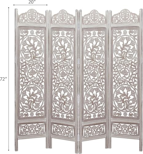 Image of Wooden Room Divider Decorative Foldable Privacy Screen Hand Carved Partition for Living Room Bedroom Office Decor (6 Feet 4 Panel White Wash Each Panel 72X20 Inch)