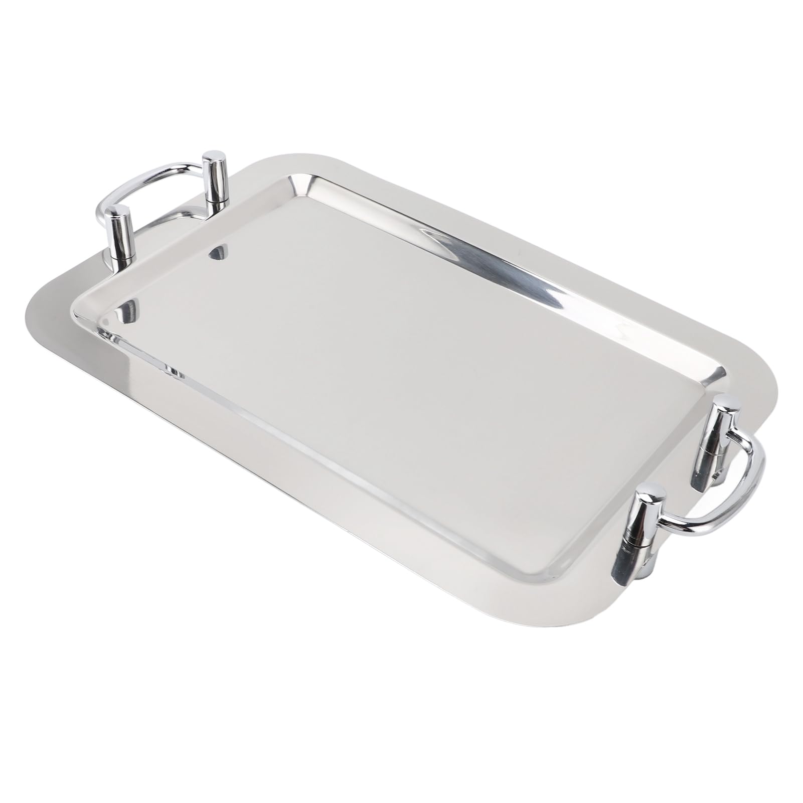 Stainless Steel Serving Tray with Handle, Multifunction Portable Metal Platter, Elegant and Practical Dinner Plate for Restaurant Hotel Buffet (Rectangle Shape with Silver Handle, 47.5cm)
