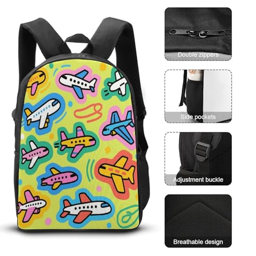 Cartoon Airplane 3pcs Lightweight Travel Backpack Printed Backpack With Lunch Pack Storage Box Case3