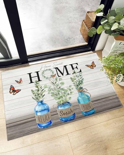 Indoor Doormat Farmhouse Eucalyptus Leaf Bottle,Shaggy Floor Mat with Non-Skid Backing Retro Rustic Butterfly on Wood,Machine Washable Plush Area Rug Carpets for Kitchen Nursery Bedroom