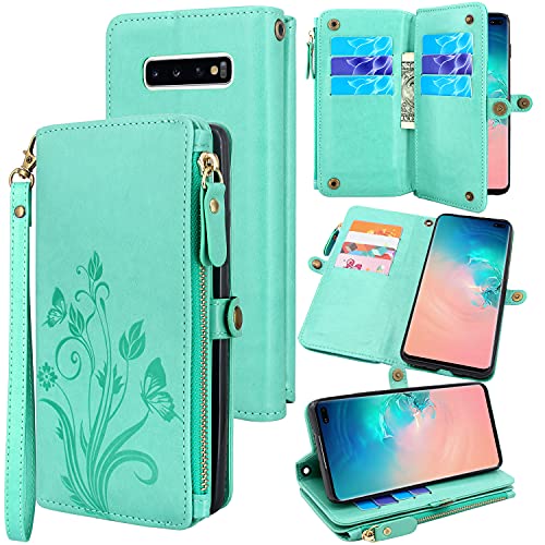 Lacass [Cards Theft Scan Protection] 10 Card Slot Holder Zipper Pocket Wallet Case Flip Leather Cover Wrist Strap Magnetic Closure Stand Carrying Pouch for Samsung Galaxy S10 Plus G975U(Mint Green)