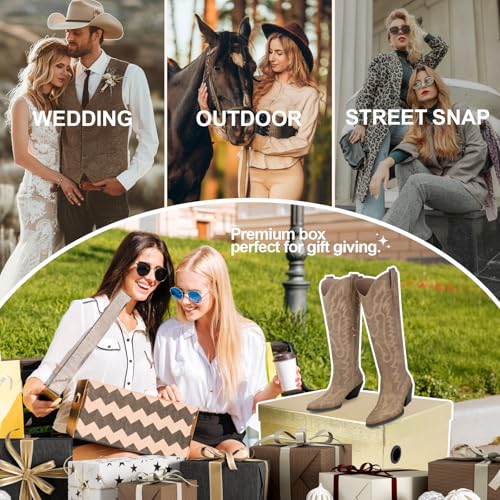 Image of Knee High Cowgirl Boots Women Wide Calf Rhinestones Cowboy Boots Lady Pointed Toe Chunky Heel Embroidered Sparkly Boot With Side Half Zip Country Sparkle Boot Size 6-11