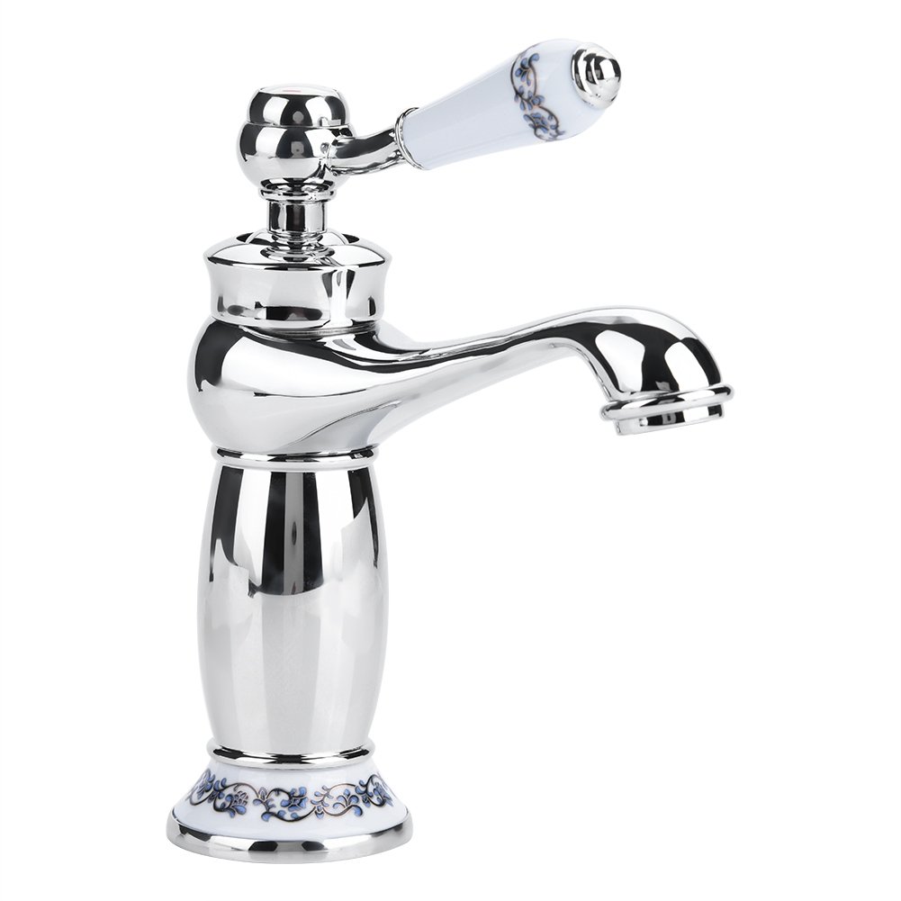 Fdit Grifo curvo lavado baño estilo vintage Grifería de Latón Antiguo de Cerámica Grifo de Fregadero de Baño Azul y de Porcelana (Cromado)
