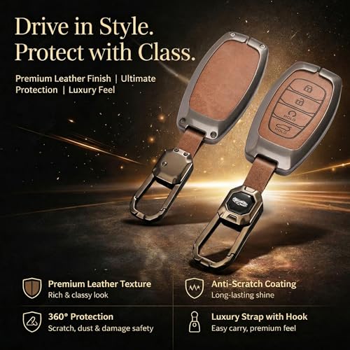 Image of Exclusive Metal Leather Key Cover Compatible with Hyundai Verna 2023 2024 | i20 Facelift N Line N8 Car 4 Button Smart Key Special Feature Visible in Low-Light Condition