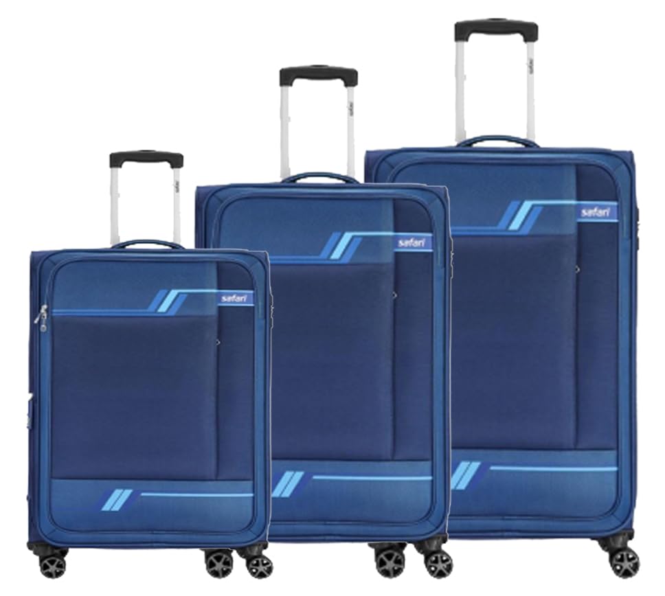Image of Safari Stream Soft-Sided Polyester 5 Years Warranty 8 Wheel Luggage Set of 3 Trolley Bags (59+71+81 Cm) (Blue)
