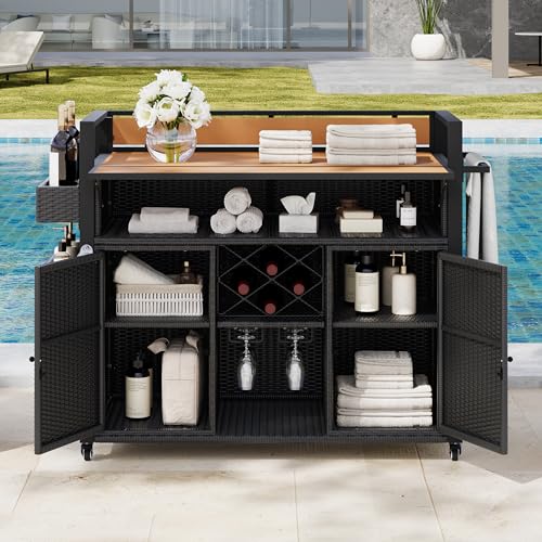 Image of Merax 52.8 inch W Wicker Outdoor Grill Cart with Extended Plastic Wood Table Top, Rolling Kitchen Island on Wheels with Storage Cabinet, for Patio Backyard Garden Poolside, Black Brown