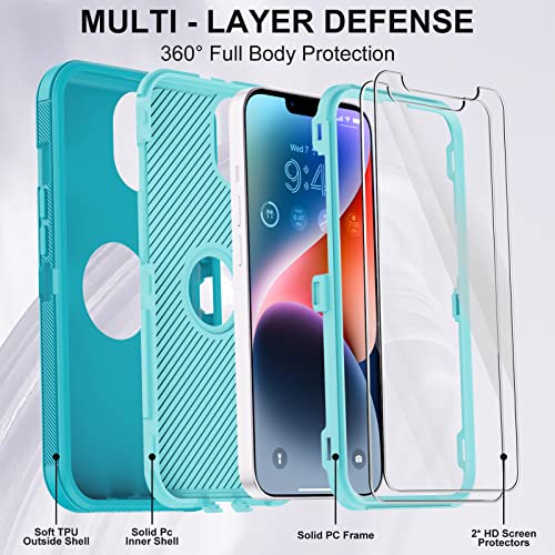 Annymall For Iphone 14 Case With 2 Screen Protector,Full Body Shockproof Drop Protection Dust Proof Heavy Duty 3-Layer Rugged Durable Military Grade Cover For Apple Iphone 14 6.1" (Mint) #TOP1