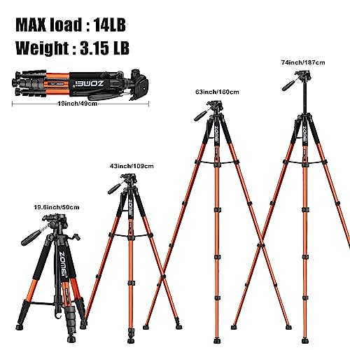 ZOMEi 188 cm Tripod Heavy Duty Tall Stand, Professional Travel Video Tripod Compatible with DSLR Cameras, Mobile Phones - Image 3
