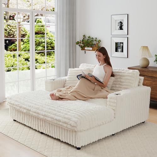 Image of 58'' Plush Faux Rabbit Fur Chaise Loveseat with Charging Station & Cup Holder and Pillows, Upholstered Corduroy Chaise Loveseat Sofa Recliner Longue Indoor Couch for Living Room, Bedroom, White