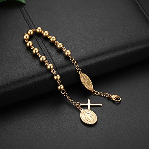 Gold Cross Rosary Beads Bracelet, Stainless Steel Jesus Christ Crucifix Cross Wristband for Women Men Mothers Day Christmas Wedding2