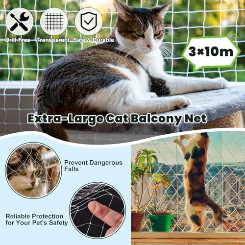 Jukibole Katzennetz für Balkon 10×3 m – Ohne Bohren, UV-beständig & Reißfest – Transparent Nylon Balkonnetz für Katzen (Inklusive Befestigungsset) – Katzenschutznetz für Fenster, Terrasse, Balkon