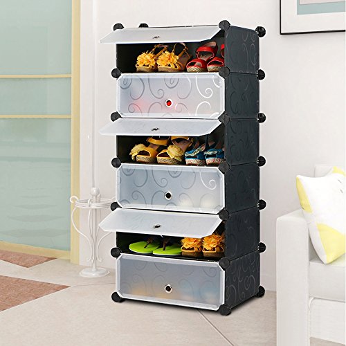 NEX Shoe Rack Cube Organizer DIY Plastic Storage Organizer Modular Cabinet Black Closet with White Doors (NX-F0002)