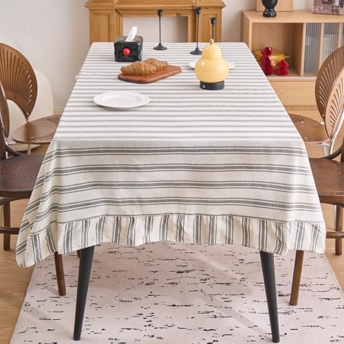 vctops Farmhouse Grey Stripe Ruffle Table Cloth, Boho Cotton Linen Tablecloth, Washable Table Cover for Square Table Baby Shower Kitchen Party Wedding Decor (Grey A,55"x55")