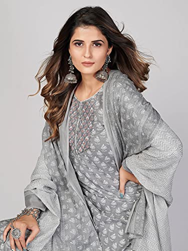Image of Vbuyz Women's Printed & Embroidered Straight Cotton Stitched Kurta Pant with Dupatta