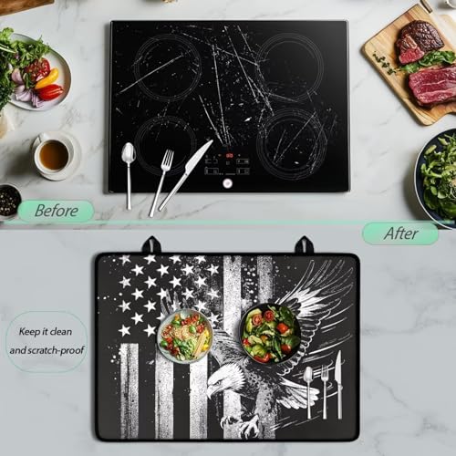Image of Poceacles 4th of July Electric Stove Top Cover Induction Electric Stove Protector Non-slip Glass Cooktop Cover Stovetop Mat Multipurpose Flat Top Mat, Retro American Flag Eagle Black Gray