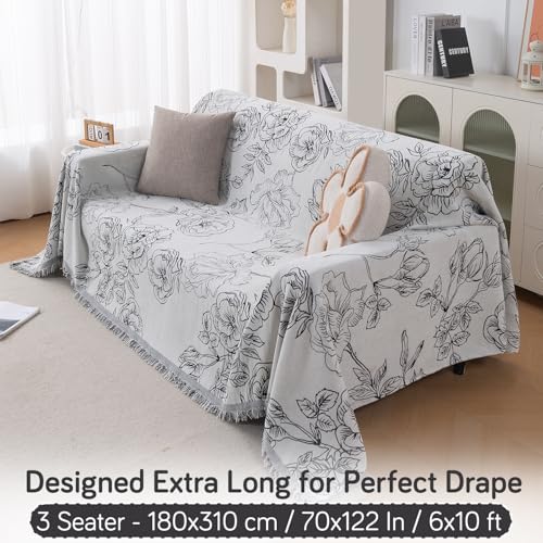 Image of HOKIPO Premium Chenille Printed Sofa Cover Throw Blanket 320 GSM for 3 Seater - All Season Use, 'Serene Abode Series' White Rose Garden (180x310 cm) (AR-6633-D1)